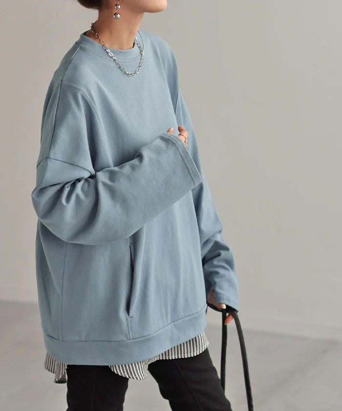 ロンT Tシャツ 綿100％ ロング レディース トップス カットソー 長袖 チュニック 無地 リブ ドロップショルダー お尻が隠れる 切り替えデザイン モックネック コットン ヘビーオンス オーバーサイズ ポケット 大きいサイズ 体型カバー 白 黒 春 夏 HUG.U メール便 - Image 31