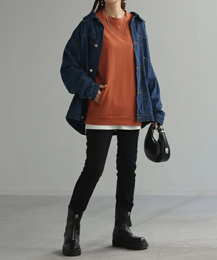 ロンT Tシャツ 綿100％ ロング レディース トップス カットソー 長袖 チュニック 無地 リブ ドロップショルダー お尻が隠れる 切り替えデザイン モックネック コットン ヘビーオンス オーバーサイズ ポケット 大きいサイズ 体型カバー 白 黒 春 夏 HUG.U メール便 - Image 7