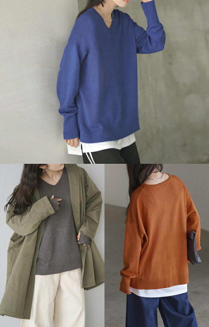 ニット 選べるネック ロング レディース トップス Vネック クルーネック Uネック 指穴 チクチクしない チュニック 薄い 長い ロンT カットソー リブ 大きいサイズ 体型カバー 長袖 無地 レイヤード 重ね着 きれいめ カジュアル 黒 オレンジ 春 夏 HUG.U - Image 19