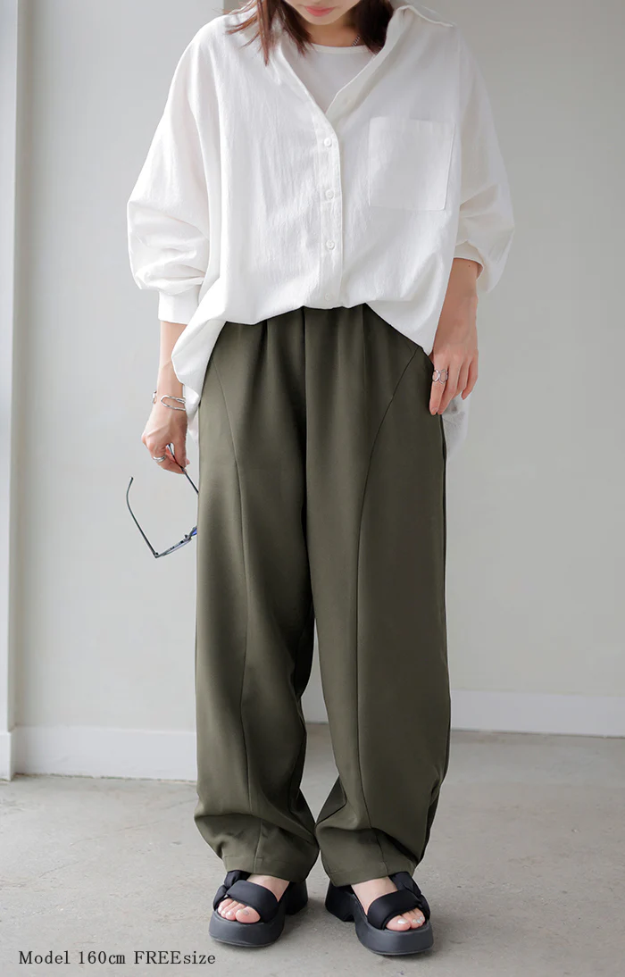 パンツ ワイド カーブパンツ レディース ■一部7月中旬入荷 タック タックパンツ テーパード ワイドパンツ ロング ロングパンツ 体型カバー ボトムス ボトム ストレート ズボン ゆったり コクーン ハイウエスト ストレッチ 美脚 大きいサイズ 黒 カーキ 春 夏 HUG.U - Image 7
