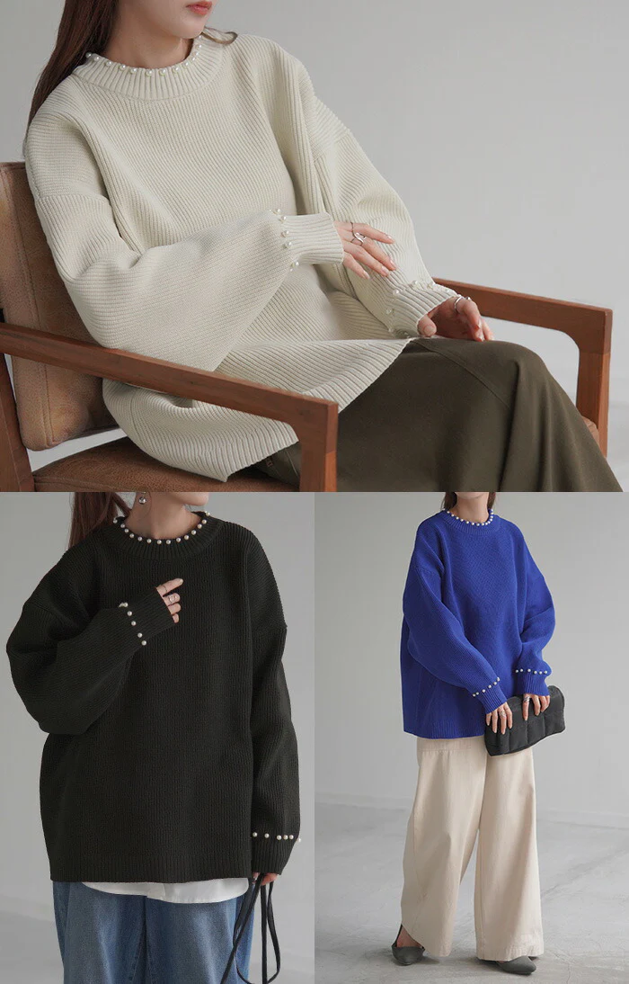 ニット パール ロング レディース トップス チュニック ドルマン リブ スポンジニット ストレッチ 無地 ロングニット セーター コクーン 長袖 ビーズ ドロップショルダー Uネック 大きいサイズ 体型カバー 上品 きれいめ ブルー 白 春 夏 HUG.U - Image 9