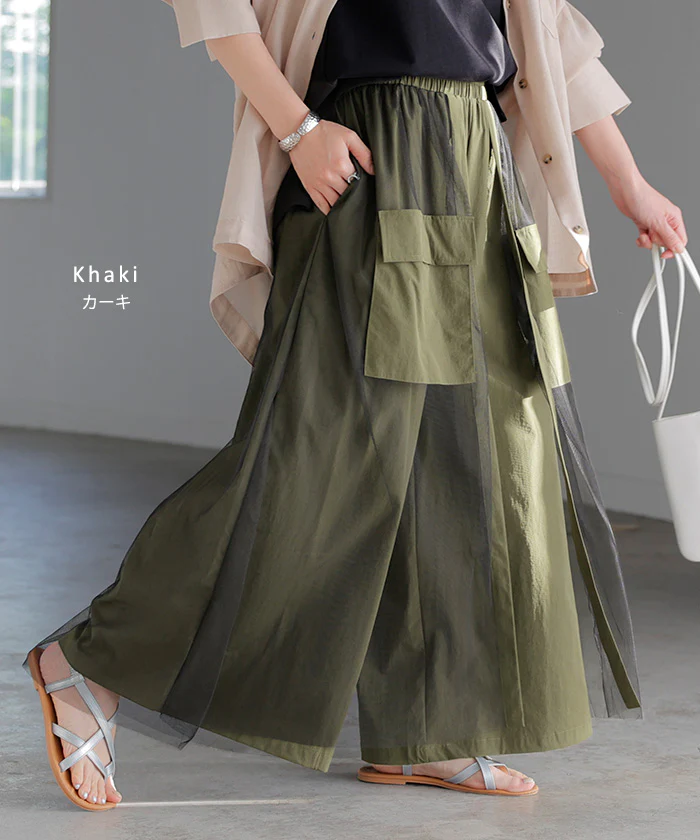 パンツ “ カーゴパンツ×チュール ” レディース ワイド ロング スカーチョ ボトムス ボトム ズボン ずぼん ガウチョパンツ ロングパンツ ウエストゴム ワイドパンツ カーゴ レース 無地 ポケット 大きいサイズ 体型カバー 黒 春 夏 HUG.U - Image 11