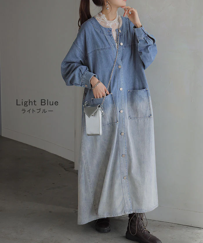 ワンピース デニム シャツ グラデーション ■一部7月中旬入荷 シャツワンピース ノーカラ― シャツワンピ レディース ロング ロングワンピース Aライン マキシワンピース ワンピ ロングシャツ ロングワンピ 長袖 羽織 きれいめ 体型カバー 大きいサイズ 春 夏 HUG.U - Image 17