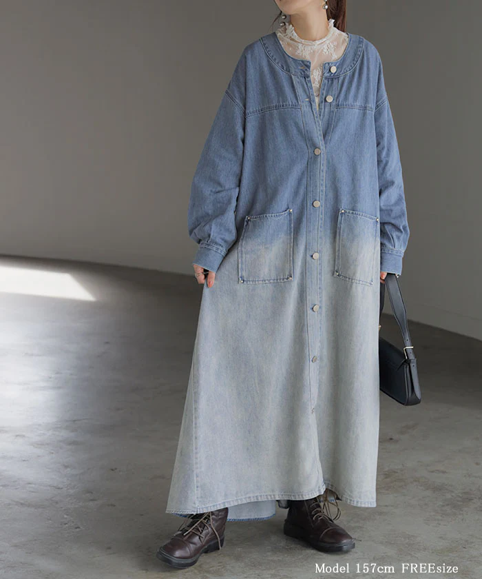 ワンピース デニム シャツ グラデーション ■一部7月中旬入荷 シャツワンピース ノーカラ― シャツワンピ レディース ロング ロングワンピース Aライン マキシワンピース ワンピ ロングシャツ ロングワンピ 長袖 羽織 きれいめ 体型カバー 大きいサイズ 春 夏 HUG.U - Image 21