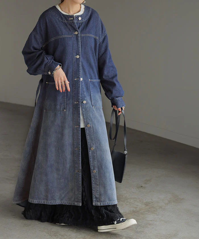 ワンピース デニム シャツ グラデーション ■一部7月中旬入荷 シャツワンピース ノーカラ― シャツワンピ レディース ロング ロングワンピース Aライン マキシワンピース ワンピ ロングシャツ ロングワンピ 長袖 羽織 きれいめ 体型カバー 大きいサイズ 春 夏 HUG.U - Image 27