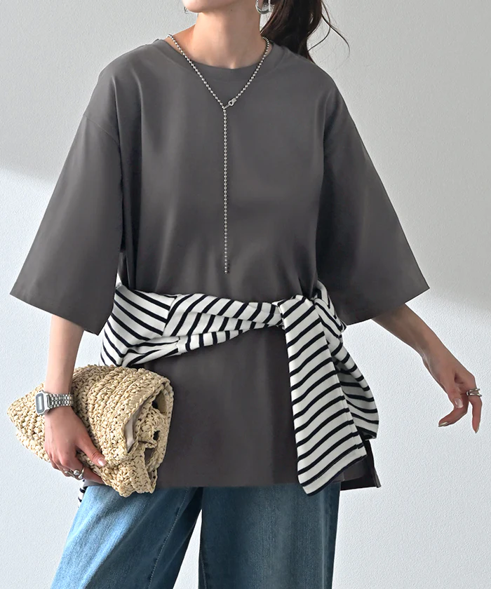 Tシャツ UVカット 接触 冷感 レディース トップス 半袖 カットソー ロング ティーシャツ チュニック 遮熱 吸水 速乾 クルーネック 長い ドルマン ドルマンスリーブ ゆったり 無地 体型カバー お尻が隠れる 大きいサイズ おしゃれ 白 黒 春 夏 HUG.U メール便 - Image 29
