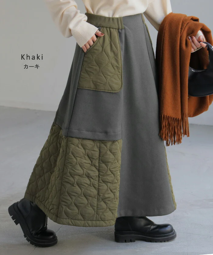 スカート キルティング ドッキング レディース ボトムス ロング ロングスカート マキシ マキシスカート Aライン フレア フレアスカート キルティングスカート 長い ゴム ボトム ボリューム ゆったり 体型カバー 大きいサイズ 黒 春 夏 HUG.U - Image 9
