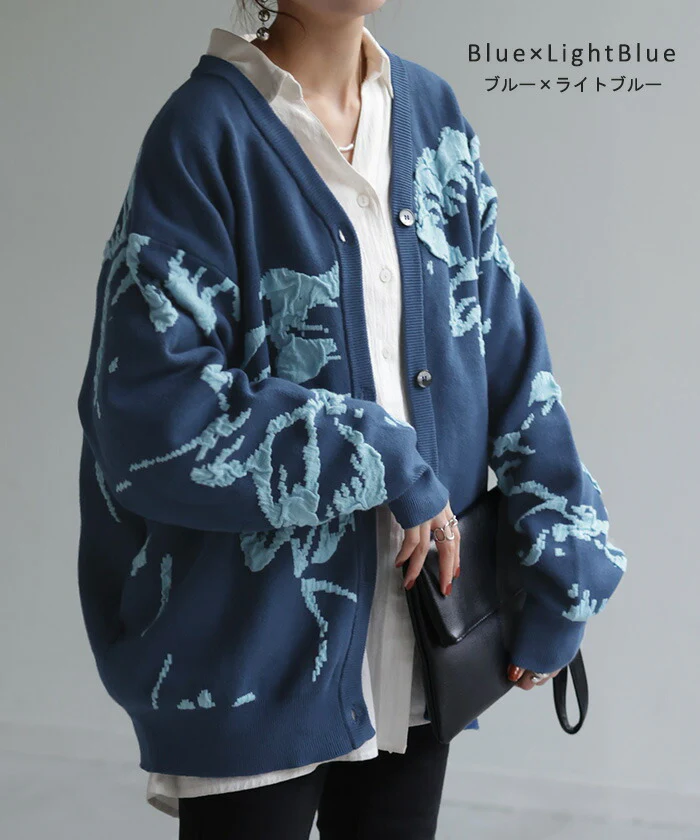 カーディガン 花柄 ニット レディース セーター カーデ トップス ロング オーバー ニットカーディガン ジャガード 柄 チクチクしない 長袖 羽織 Vネック ゆったり オーバーサイズ 体型カバー お尻が隠れる カジュアル ストレッチ 黒 春 夏 HUG.U - Image 12