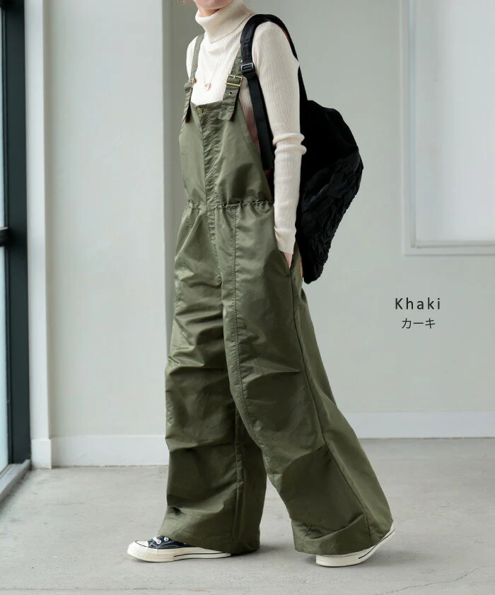サロペット MA-1 風 ワイド レディース サロペ パンツ ロング ロングパンツ 軽量 ミリタリー 配色 ノースリーブ オーバーオール レイヤード 重ね着 調節可能 ゆったり オーバーサイズ 大きいサイズ 体型カバー 黒 カーキ 秋 冬 HUG.U - Image 11