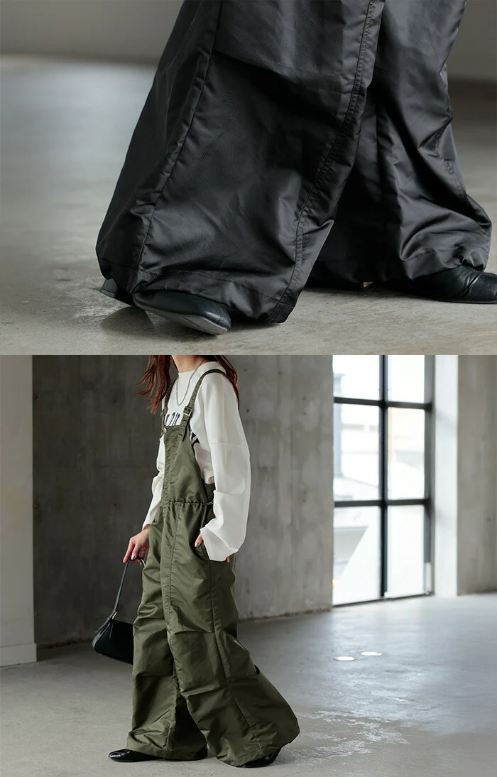 サロペット MA-1 風 ワイド レディース サロペ パンツ ロング ロングパンツ 軽量 ミリタリー 配色 ノースリーブ オーバーオール レイヤード 重ね着 調節可能 ゆったり オーバーサイズ 大きいサイズ 体型カバー 黒 カーキ 秋 冬 HUG.U - Image 18