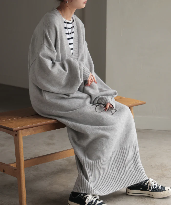 ワンピース ニット ロング ワンピ セーター レディース ニットワンピース ニットワンピ ロングワンピース ボリュームスリーブ チクチクしない 長袖 マキシ 無地 レイヤード 重ね着 大きいサイズ 体型カバー きれいめ 上品 黒 グレー 春 夏 HUG.U - Image 26