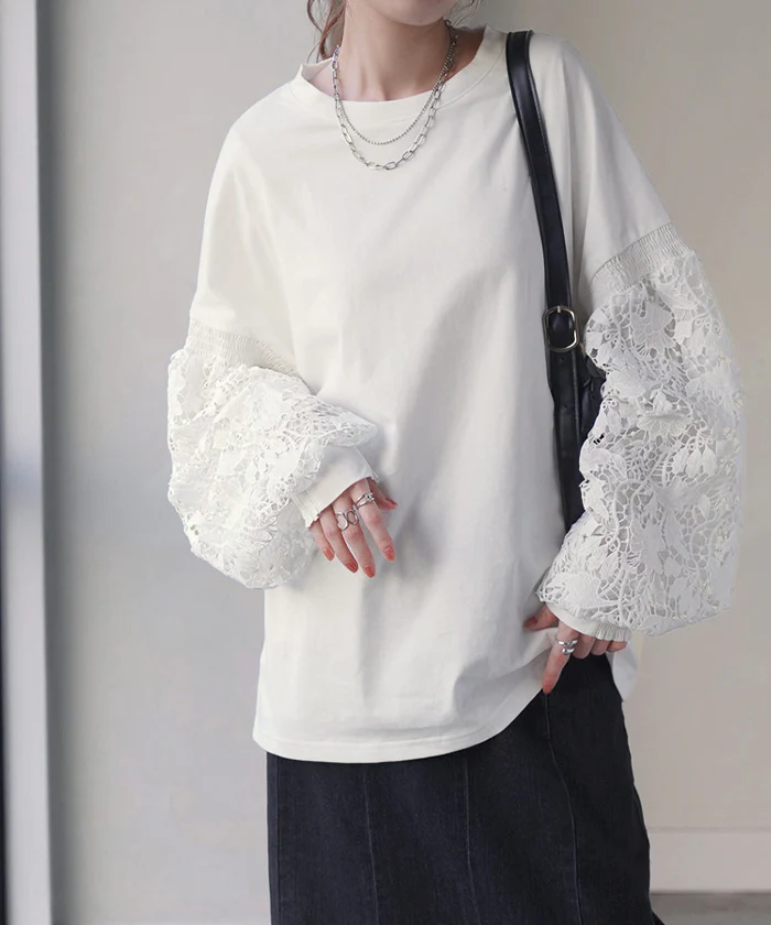ロンT 『 選べる 袖 』 レイヤード レディース チュール レース トップス 重ね着 ロング Tシャツ ドッキング ぽわん袖 カットソー ブラウス パフスリーブ ボリュームスリーブ ボリューム シャツ お尻が隠れる 体型カバー 大きいサイズ 白 春 夏 HUG.U - Image 28