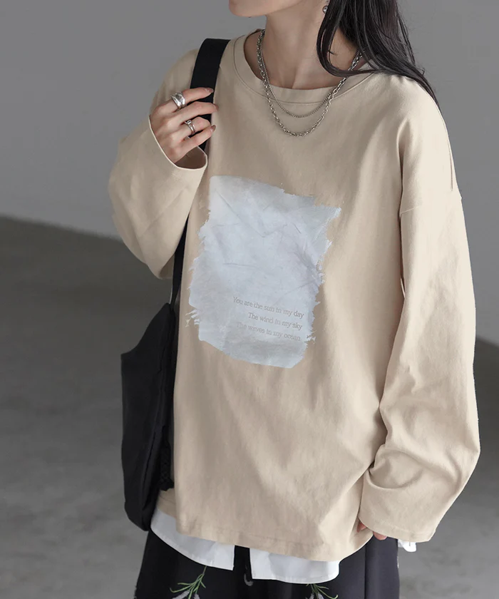 【特別価格】 ロンT プリント ロング レディース 綿100 トップス カットソー Tシャツ ロゴT 無地 長袖 ドロップショルダー ロゴ 文字 Uネック ロングTシャツ オーバーサイズ チュニック 大きいサイズ 体型カバー カジュアル お尻が隠れる 黒 白 春 夏 HUG.U メール便 - Image 26