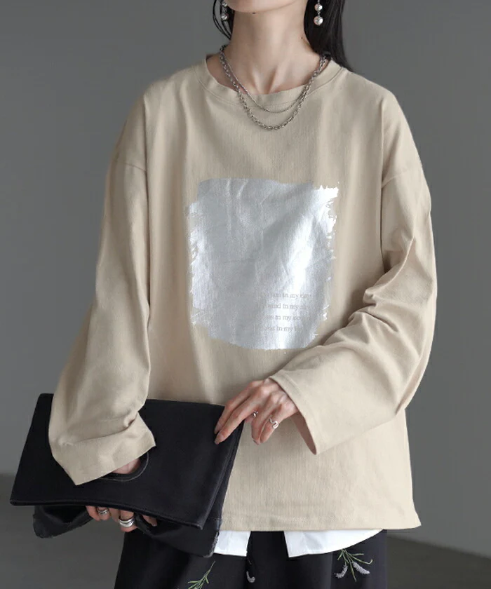 【特別価格】 ロンT プリント ロング レディース 綿100 トップス カットソー Tシャツ ロゴT 無地 長袖 ドロップショルダー ロゴ 文字 Uネック ロングTシャツ オーバーサイズ チュニック 大きいサイズ 体型カバー カジュアル お尻が隠れる 黒 白 春 夏 HUG.U メール便 - Image 5