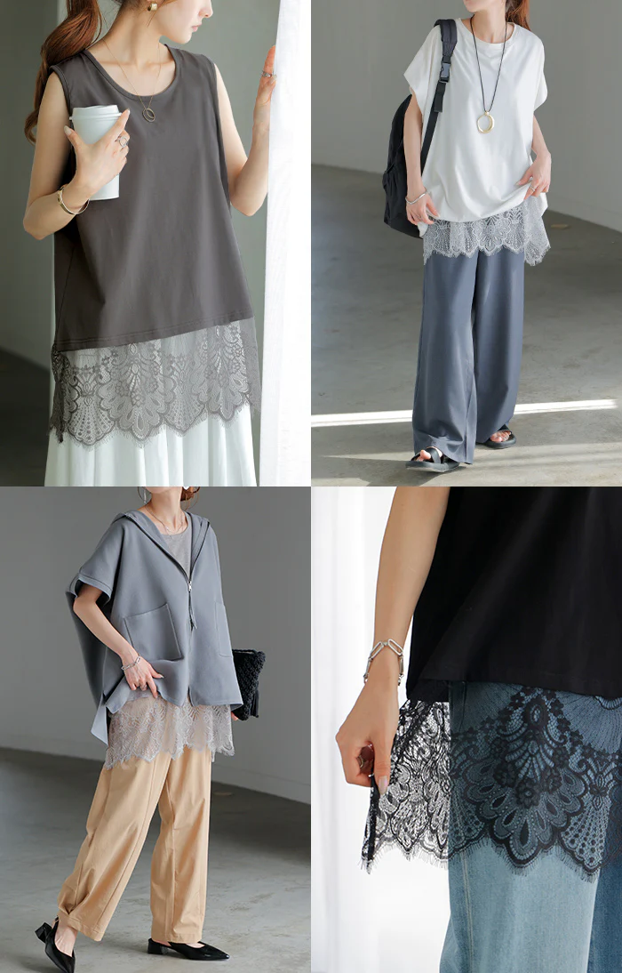 タンクトップ レイヤード レース インナー トップス タンク ■7月上旬入荷 綿 混 レディース ノースリーブ 花柄 ロング Uネック チュニック 長い 重ね 付け裾 ボックス 裾 ゆったり ストレッチ 体型カバー 大きいサイズ きれいめ お尻が隠れる 黒 白 春 夏 HUG.U メール便 - Image 11