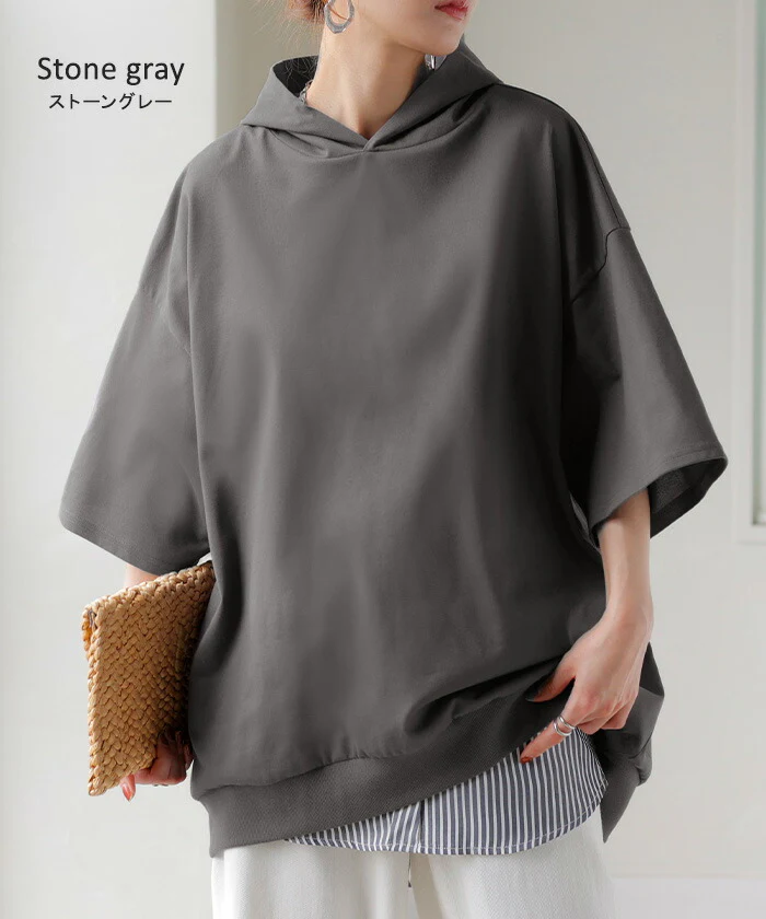 パーカー 半袖 UVカット 接触 冷感 Tシャツ レディース トップス カットソー ロング ティーシャツ チュニック 遮熱 吸水 速乾 長い ドルマン ドルマンスリーブ ゆったり 無地 フード 体型カバー お尻が隠れる 大きいサイズ 白 黒 春 夏 HUG.U - Image 17