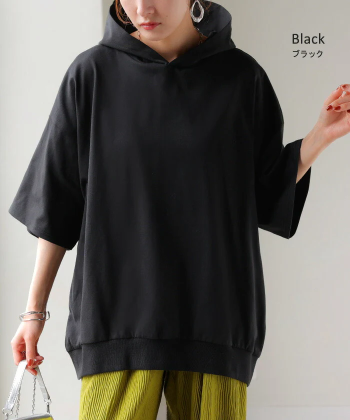 パーカー 半袖 UVカット 接触 冷感 Tシャツ レディース トップス カットソー ロング ティーシャツ チュニック 遮熱 吸水 速乾 長い ドルマン ドルマンスリーブ ゆったり 無地 フード 体型カバー お尻が隠れる 大きいサイズ 白 黒 春 夏 HUG.U - Image 18