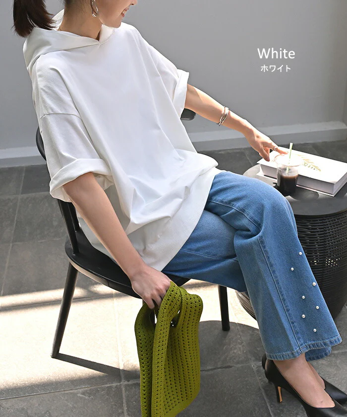 パーカー 半袖 UVカット 接触 冷感 Tシャツ レディース トップス カットソー ロング ティーシャツ チュニック 遮熱 吸水 速乾 長い ドルマン ドルマンスリーブ ゆったり 無地 フード 体型カバー お尻が隠れる 大きいサイズ 白 黒 春 夏 HUG.U - Image 19