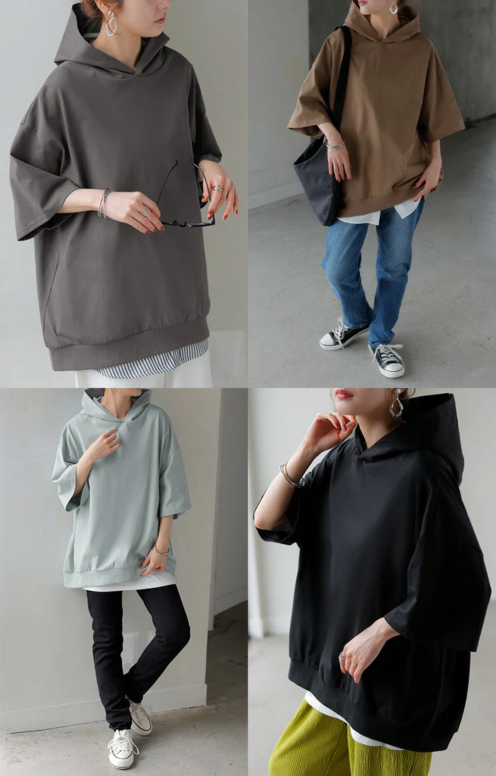 パーカー 半袖 UVカット 接触 冷感 Tシャツ レディース トップス カットソー ロング ティーシャツ チュニック 遮熱 吸水 速乾 長い ドルマン ドルマンスリーブ ゆったり 無地 フード 体型カバー お尻が隠れる 大きいサイズ 白 黒 春 夏 HUG.U - Image 20