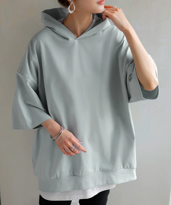 パーカー 半袖 UVカット 接触 冷感 Tシャツ レディース トップス カットソー ロング ティーシャツ チュニック 遮熱 吸水 速乾 長い ドルマン ドルマンスリーブ ゆったり 無地 フード 体型カバー お尻が隠れる 大きいサイズ 白 黒 春 夏 HUG.U - Image 27