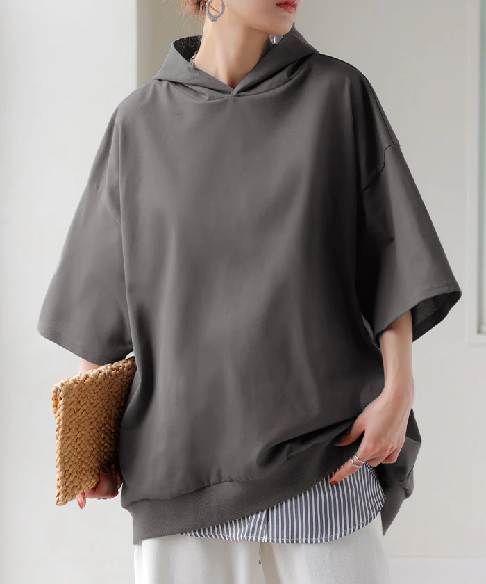 パーカー 半袖 UVカット 接触 冷感 Tシャツ レディース トップス カットソー ロング ティーシャツ チュニック 遮熱 吸水 速乾 長い ドルマン ドルマンスリーブ ゆったり 無地 フード 体型カバー お尻が隠れる 大きいサイズ 白 黒 春 夏 HUG.U - Image 29