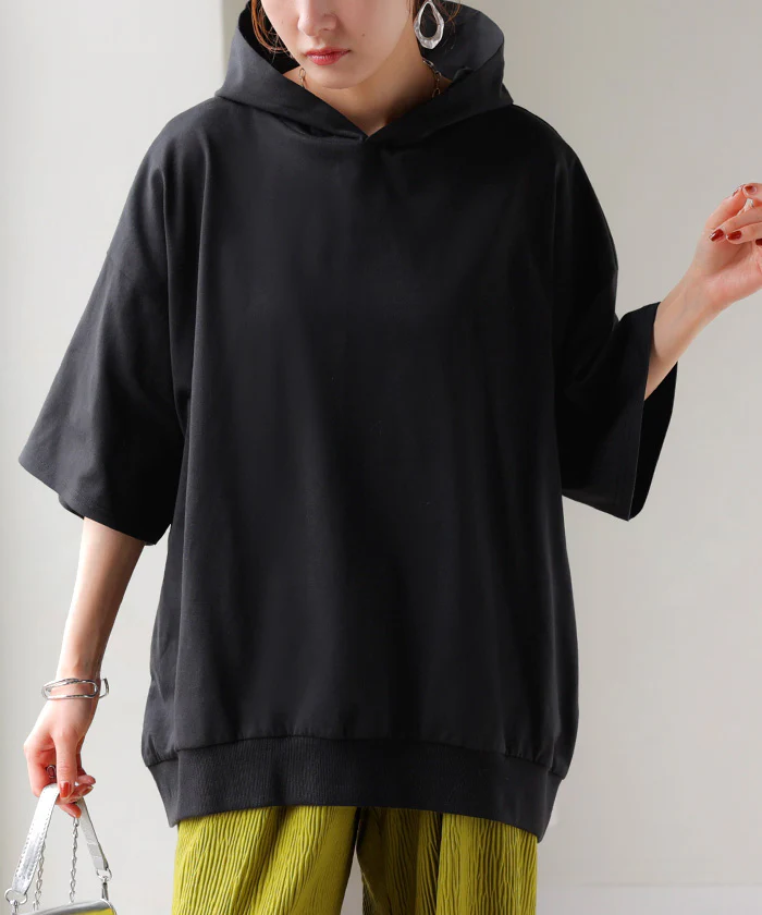 パーカー 半袖 UVカット 接触 冷感 Tシャツ レディース トップス カットソー ロング ティーシャツ チュニック 遮熱 吸水 速乾 長い ドルマン ドルマンスリーブ ゆったり 無地 フード 体型カバー お尻が隠れる 大きいサイズ 白 黒 春 夏 HUG.U - Image 31