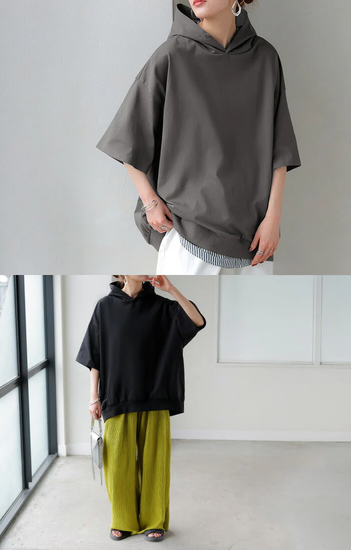 パーカー 半袖 UVカット 接触 冷感 Tシャツ レディース トップス カットソー ロング ティーシャツ チュニック 遮熱 吸水 速乾 長い ドルマン ドルマンスリーブ ゆったり 無地 フード 体型カバー お尻が隠れる 大きいサイズ 白 黒 春 夏 HUG.U - Image 8