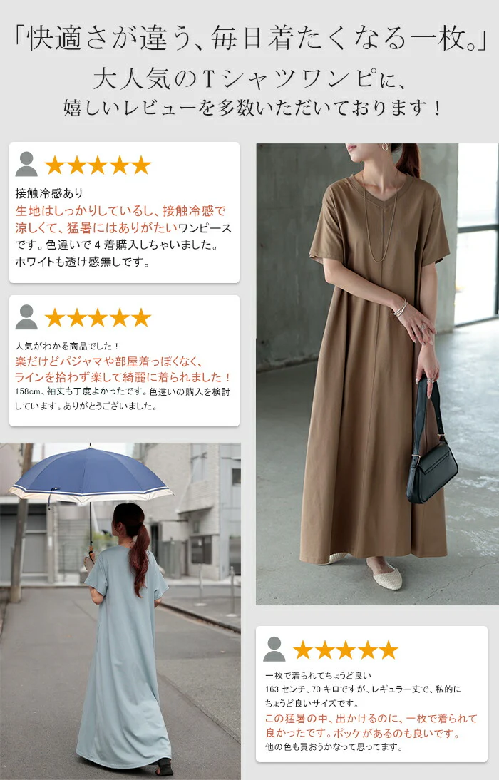 アウトレット ワンピース Tシャツ 接触冷感 UVカット 選べる2丈 ロング ワンピ レディース 吸水 速乾 遮熱性 ロングワンピース カットソー Aライン マキシ シワになりにくい ワンピ ロングワンピ 半袖 体型カバー 綿 混 大きいサイズ無地 黒 白 春 夏 HUG.U - Image 5
