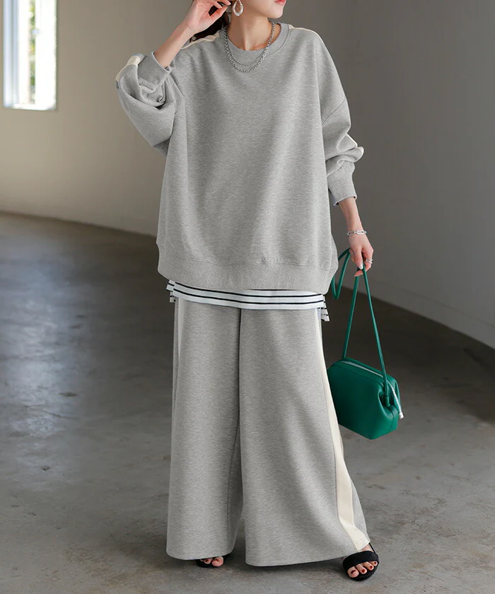 2点セット『 プルオーバー×パンツ 』 ポンチ生地 レディース セットアップ トップス ボトムス チュニック ロング オーバー ライン 長袖 長い ワイド ワイドパンツ ストレッチ 体型カバー スポーティー 大きいサイズ 黒 ベージュ 春 夏 HUG.U - Image 5