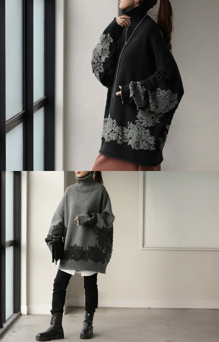 ニット レース タートル レディース トップス ロング 無地 刺繍 長袖 ドルマン チクチクしない ドロップショルダー お尻が隠れる リブ オーバー 花柄 チュニック あったか コクーン 体型カバー 大きいサイズ 上品 モード 黒 グレー 春 夏 HUG.U - Image 10