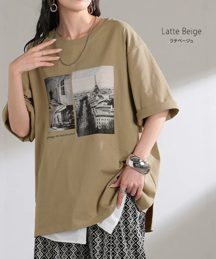 Tシャツ ロゴ 接触冷感 ＵＶカット トップス レディース 半袖 プリント カットソー ロング ティーシャツ フォトT チュニック ビッグ プラスサイズ クルーネック 長い ドルマン ゆったり 無地 体型カバー お尻が隠れる 大きいサイズ 白 黒 春 夏 HUG.U メール便 - Image 11