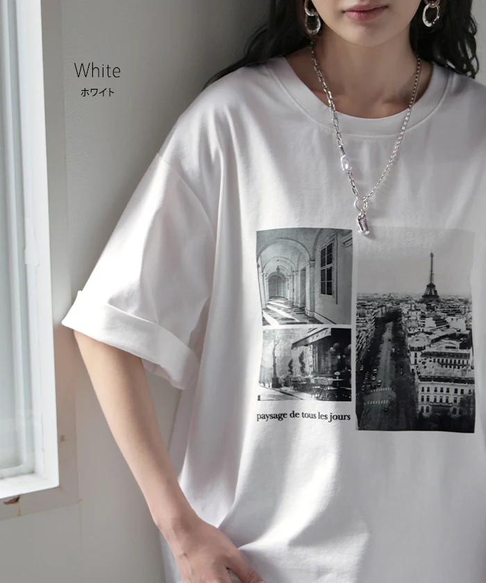Tシャツ ロゴ 接触冷感 ＵＶカット トップス レディース 半袖 プリント カットソー ロング ティーシャツ フォトT チュニック ビッグ プラスサイズ クルーネック 長い ドルマン ゆったり 無地 体型カバー お尻が隠れる 大きいサイズ 白 黒 春 夏 HUG.U メール便 - Image 12
