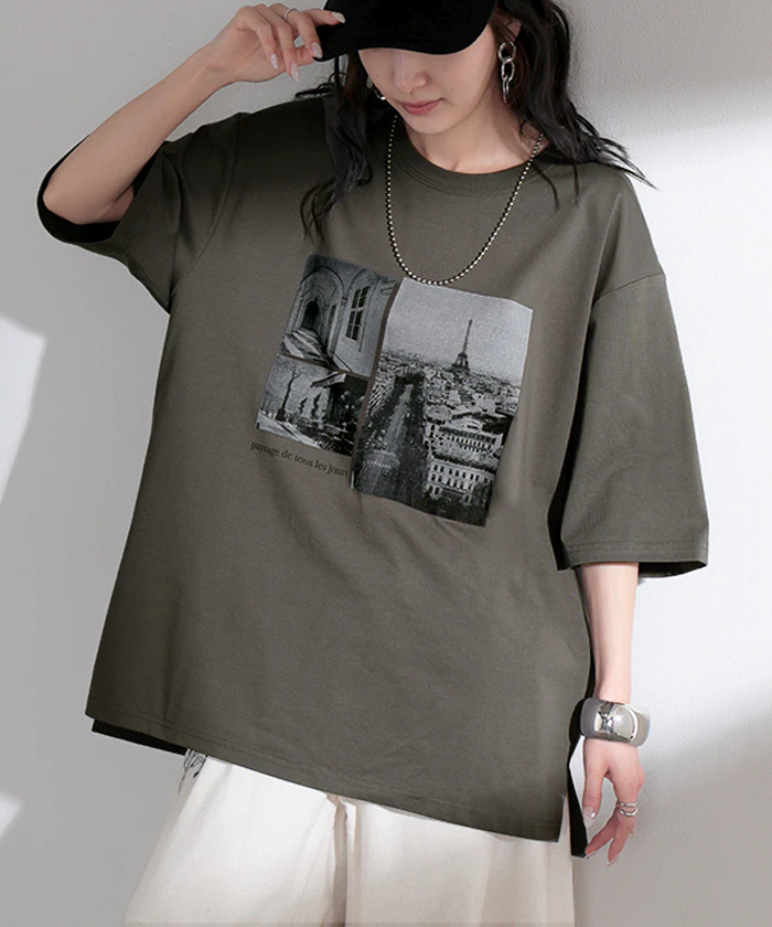 Tシャツ ロゴ 接触冷感 ＵＶカット トップス レディース 半袖 プリント カットソー ロング ティーシャツ フォトT チュニック ビッグ プラスサイズ クルーネック 長い ドルマン ゆったり 無地 体型カバー お尻が隠れる 大きいサイズ 白 黒 春 夏 HUG.U メール便 - Image 5