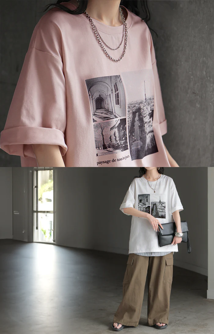 Tシャツ ロゴ 接触冷感 ＵＶカット トップス レディース 半袖 プリント カットソー ロング ティーシャツ フォトT チュニック ビッグ プラスサイズ クルーネック 長い ドルマン ゆったり 無地 体型カバー お尻が隠れる 大きいサイズ 白 黒 春 夏 HUG.U メール便 - Image 6