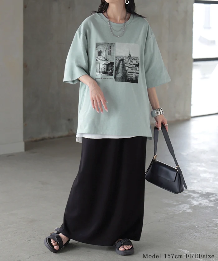 Tシャツ ロゴ 接触冷感 ＵＶカット トップス レディース 半袖 プリント カットソー ロング ティーシャツ フォトT チュニック ビッグ プラスサイズ クルーネック 長い ドルマン ゆったり 無地 体型カバー お尻が隠れる 大きいサイズ 白 黒 春 夏 HUG.U メール便 - Image 7
