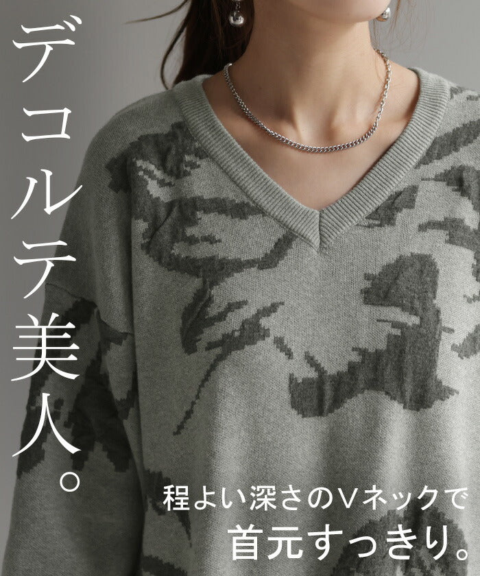 ワンピース ジャガード 花柄 綿100% レディース ロング Vネック ドロップショルダー ニット リブ チクチクしない Aライン 総柄 ロングワンピース マキシ ワンピ ロングワンピ 長袖 体型カバー 二の腕カバー 大きいサイズ 黒 グレー 春 夏 HUG.U - Image 8