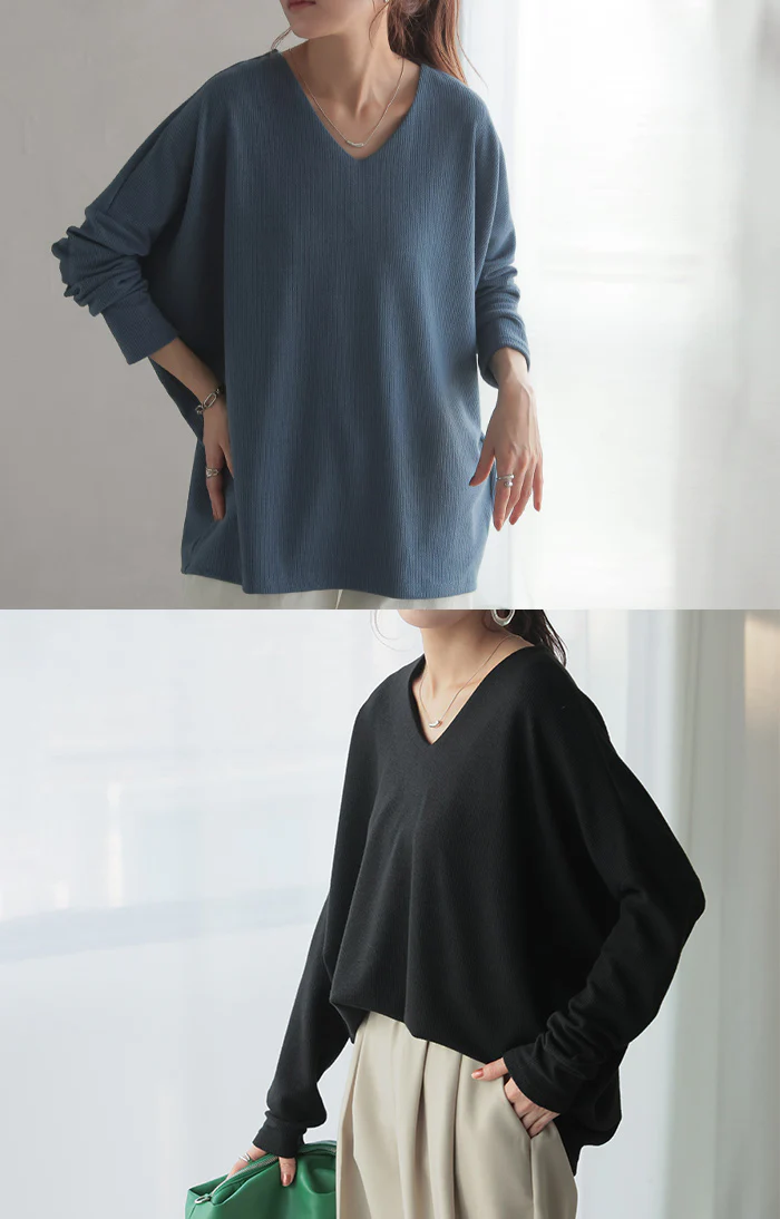 ロンT ドルマン トップス レディース 長袖 Tシャツ カットソー ロング ティーシャツ プルオーバー ビッグ プラスサイズ Vネック 長い リブ ドルマンスリーブ 体型カバー 大きいサイズ ストレッチ 楽ちん おしゃれ 白 黒 春 夏 HUG.U メール便 - Image 9