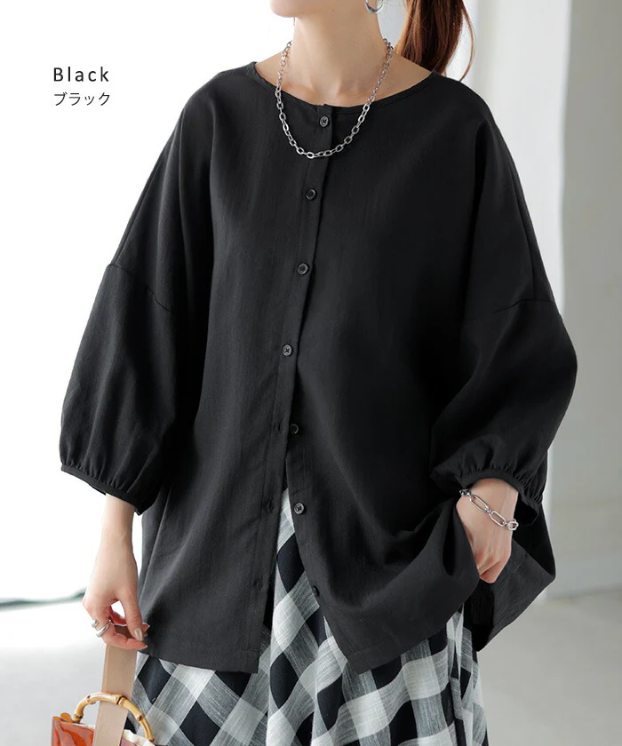 ブラウス 前後2WAY シャツ レディース ノーカラー ■一部7月上旬入荷 トップス バンドカラー ロング ロングシャツ チュニック 半袖 無地 羽織 ライトアウター きれいめ 羽織 Vネック クルーネック ゆったり 大きいサイズ 体型カバー お尻が隠れる 白 黒 春 夏 HUG.U メール便 - Image 16