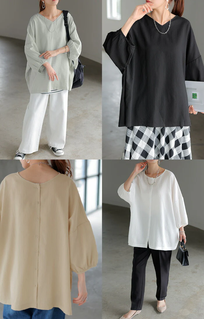 ブラウス 前後2WAY シャツ レディース ノーカラー ■一部7月上旬入荷 トップス バンドカラー ロング ロングシャツ チュニック 半袖 無地 羽織 ライトアウター きれいめ 羽織 Vネック クルーネック ゆったり 大きいサイズ 体型カバー お尻が隠れる 白 黒 春 夏 HUG.U メール便 - Image 21