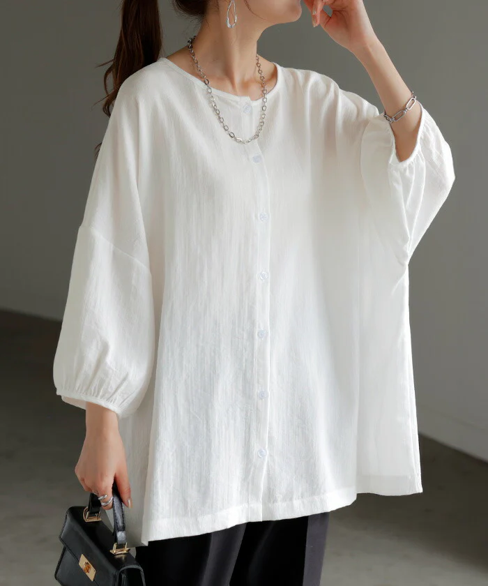 ブラウス 前後2WAY シャツ レディース ノーカラー ■一部7月上旬入荷 トップス バンドカラー ロング ロングシャツ チュニック 半袖 無地 羽織 ライトアウター きれいめ 羽織 Vネック クルーネック ゆったり 大きいサイズ 体型カバー お尻が隠れる 白 黒 春 夏 HUG.U メール便 - Image 5