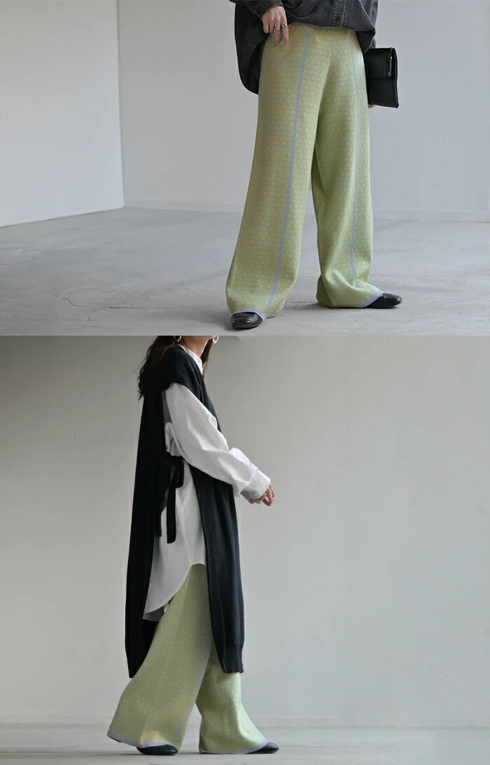 パンツ ニットパンツ レディース ニット ワイド ワイドパンツ ロング ロングパンツ ジャガード 柄パンツ フレア レギパン 体型カバー ボトムス ボトム ストレート ズボン ゆったり ハイウエスト ストレッチ 美脚 大きいサイズ 黒 春 夏 HUG.U - Image 13