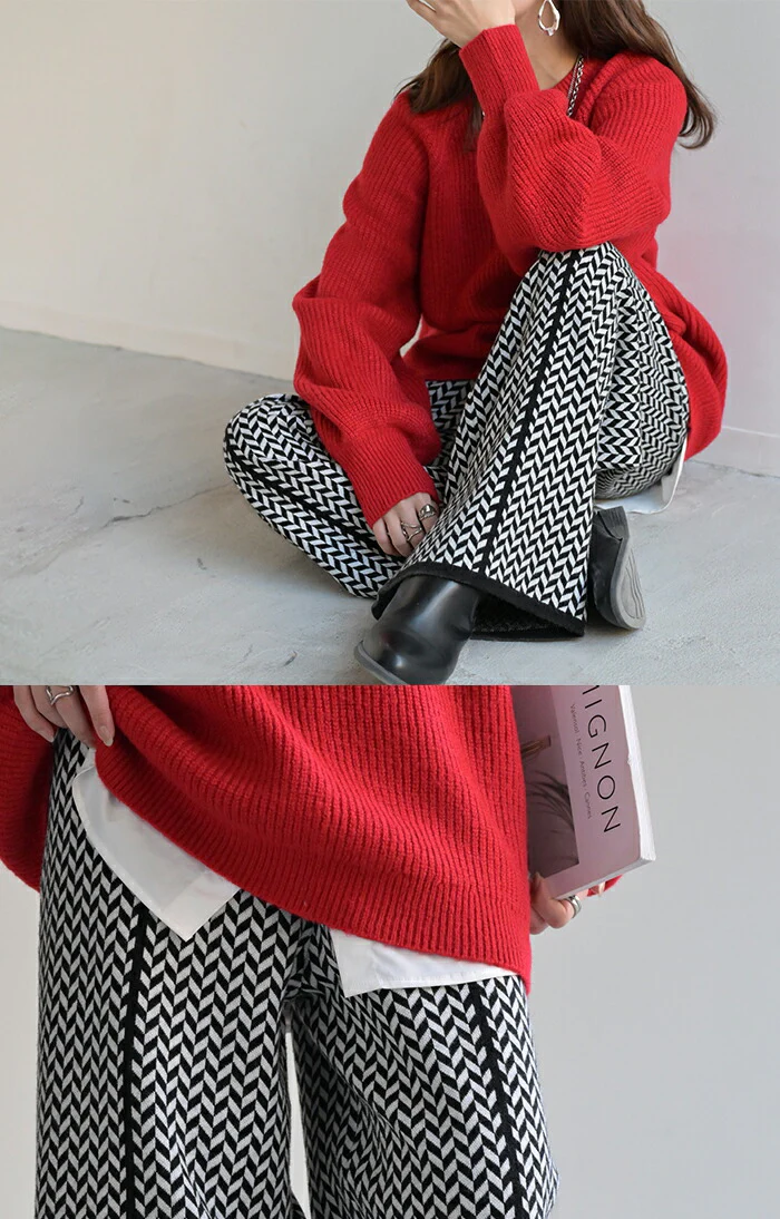 パンツ ニットパンツ レディース ニット ワイド ワイドパンツ ロング ロングパンツ ジャガード 柄パンツ フレア レギパン 体型カバー ボトムス ボトム ストレート ズボン ゆったり ハイウエスト ストレッチ 美脚 大きいサイズ 黒 春 夏 HUG.U - Image 16