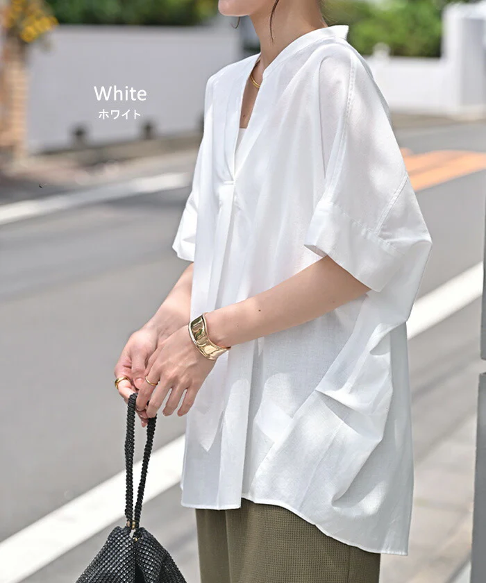 シャツ スキッパー 接触冷感 洗濯機 可能 ■一部7月中旬入荷 トップス レディース ブラウス ロング ロングシャツ チュニック 半袖 無地 プルオーバー きれいめ ゆったり チクチクしない 大きいサイズ 体型カバー お尻が隠れる オフィスカジュアル 黒 白 春 夏 HUG.U - Image 13