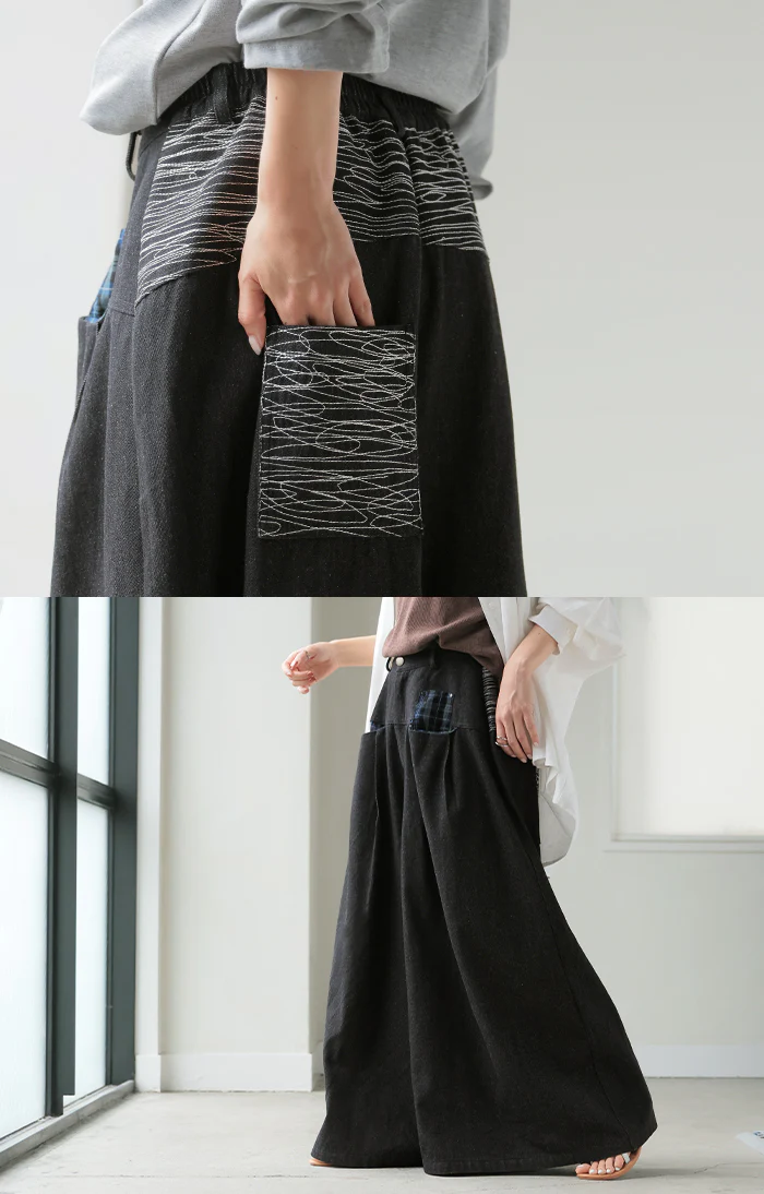 デニム パンツ 異素材 ワイド デニムパンツ レディース 綿100％ ワイドパンツ ジーンズ ジーパン 体型カバー ボトムス ボトム ストレート ズボン ゆったり ハイウエスト 伸びる ゴム 美脚 大きいサイズ カジュアル ブラック 黒 春 夏 HUG.U - Image 18