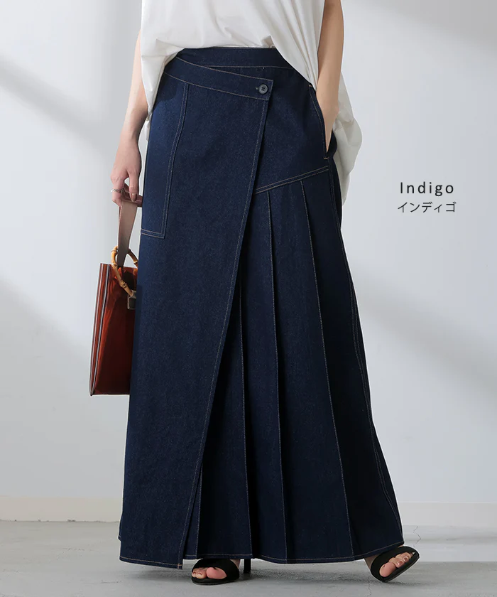 スカート ラップ 風 デニム 変形 プリーツ デニムスカート Aライン レディース ロング ロングスカート ボトムス ボトム 綿100% フレア フレアスカート マキシ マキシスカート 無地 長い ゆったり きれいめ ハイウエスト おしゃれ 黒 春 夏 HUG.U - Image 14