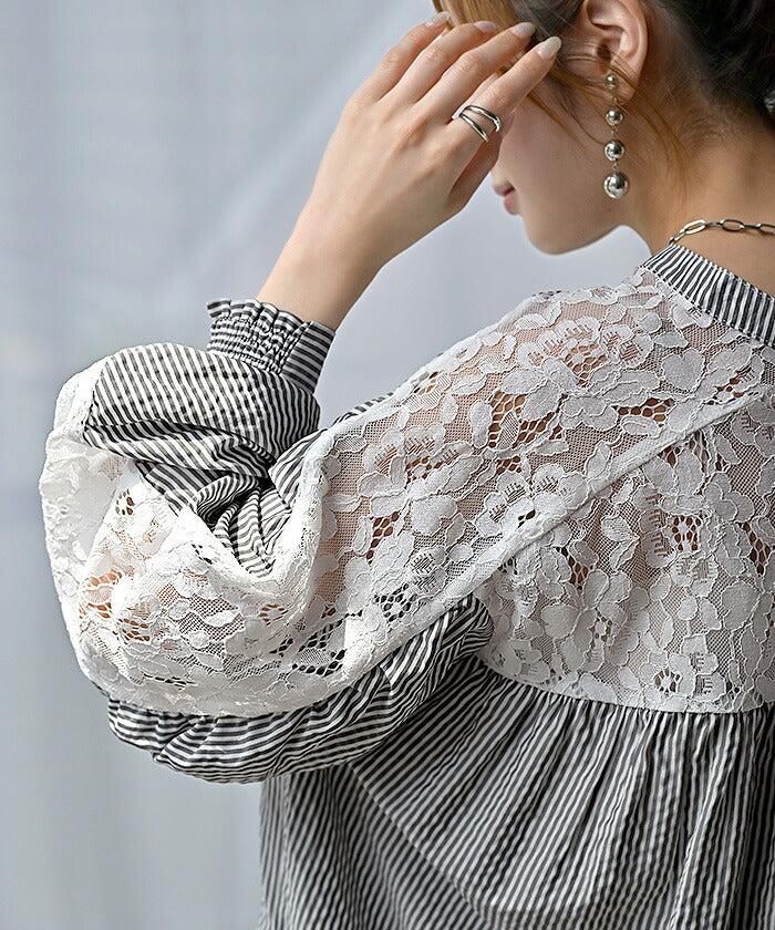 シャツ レディース ノーカラー レース トップス バンドカラー ストライプ 花柄 ブラウス ロング ロングシャツ チュニック 長い 長袖 プルオーバー 異素材 ドッキング 羽織 きれいめ ゆったり 大きいサイズ 体型カバー グレー 白 春 夏 HUG.U - Image 14