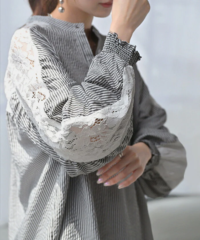 シャツ レディース ノーカラー レース トップス バンドカラー ストライプ 花柄 ブラウス ロング ロングシャツ チュニック 長い 長袖 プルオーバー 異素材 ドッキング 羽織 きれいめ ゆったり 大きいサイズ 体型カバー グレー 白 春 夏 HUG.U - Image 5