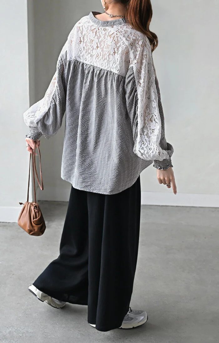 シャツ レディース ノーカラー レース トップス バンドカラー ストライプ 花柄 ブラウス ロング ロングシャツ チュニック 長い 長袖 プルオーバー 異素材 ドッキング 羽織 きれいめ ゆったり 大きいサイズ 体型カバー グレー 白 春 夏 HUG.U - Image 8