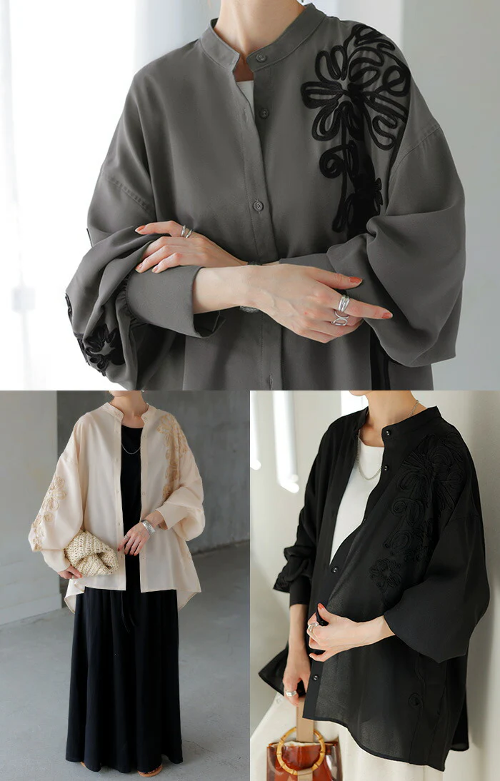 シャツ コード刺繍 シアー トップス レディース ■一部7月上旬入荷 刺繍 ノーカラー バンドカラー ブラウス ロング ロングシャツ チュニック 長袖 無地 羽織 ライトアウター 上品 きれいめ ゆったり 大きいサイズ 体型カバー お尻が隠れる 黒 ベージュ 春 夏 HUG.U メール便 - Image 17