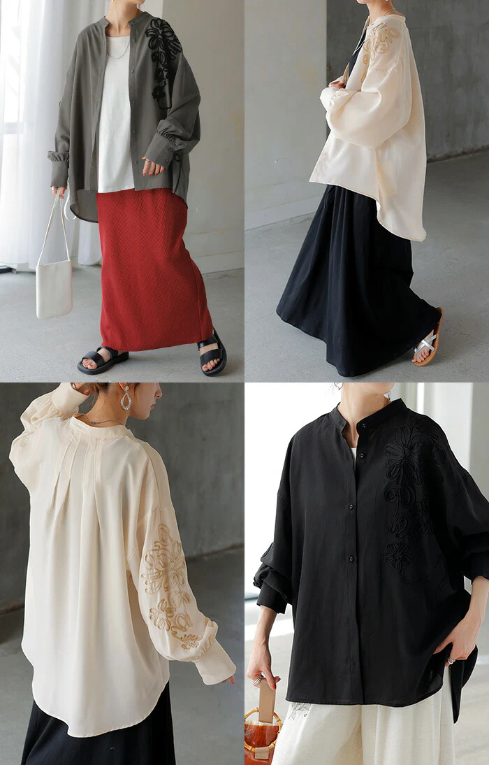 シャツ コード刺繍 シアー トップス レディース ■一部7月上旬入荷 刺繍 ノーカラー バンドカラー ブラウス ロング ロングシャツ チュニック 長袖 無地 羽織 ライトアウター 上品 きれいめ ゆったり 大きいサイズ 体型カバー お尻が隠れる 黒 ベージュ 春 夏 HUG.U メール便 - Image 21